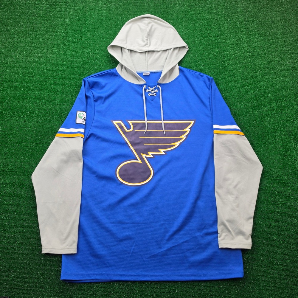 St Louis Blues NHL Hockey Laced Hooded Jersey Mens XL Blue Gray Long Sleeve